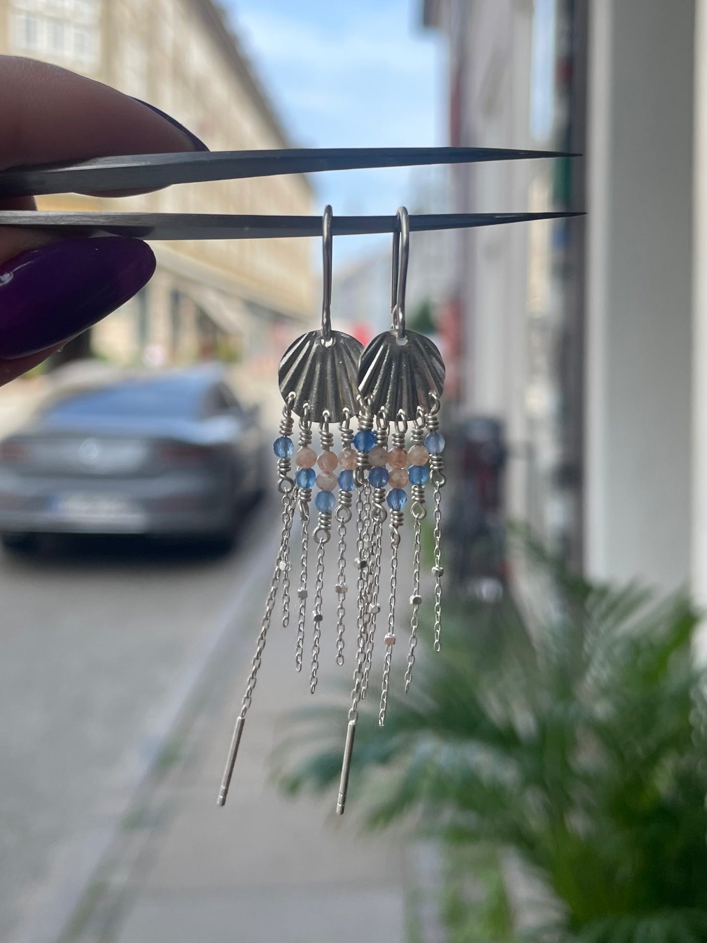 Art Deco Earrings - Blue and Beige Pearls - Silver