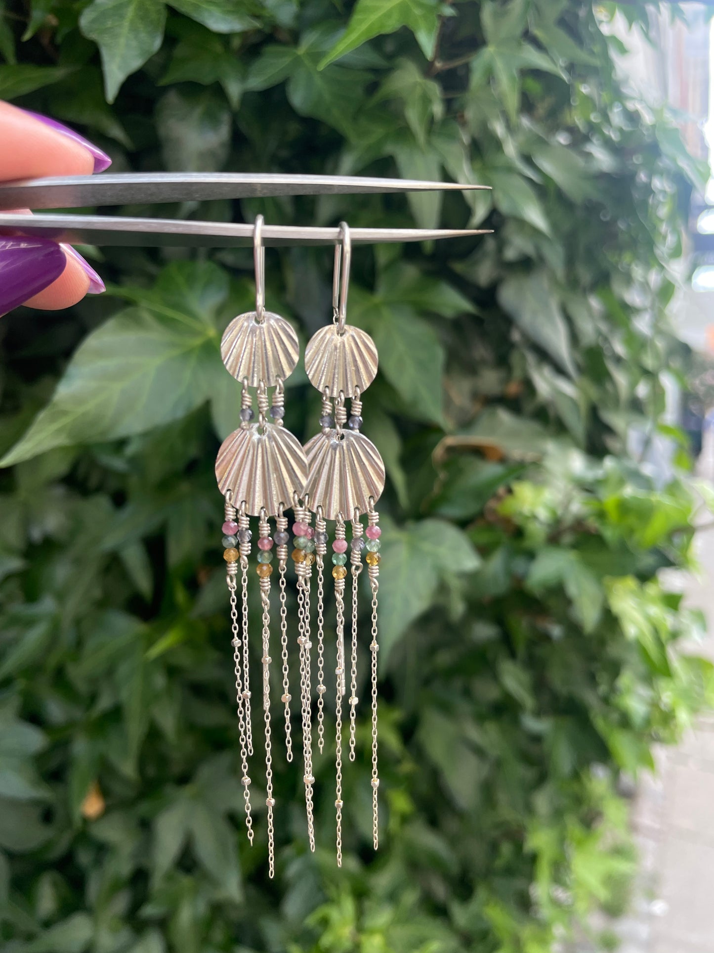 Art Deco Earrings - Green, Brown and Pink Pearls - Silver