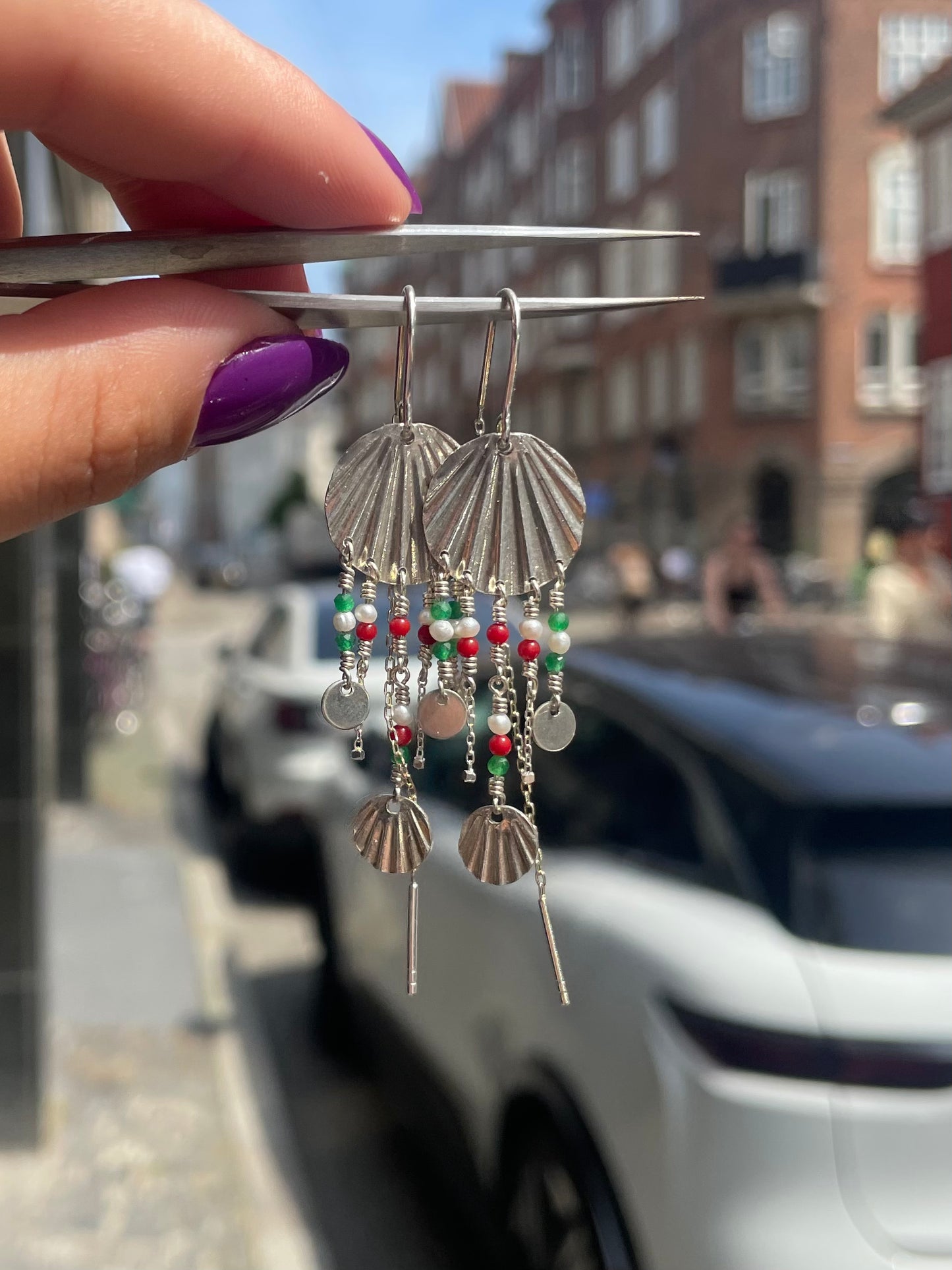 Art Deco Earrings - Green, White and Red Pearls - Silver