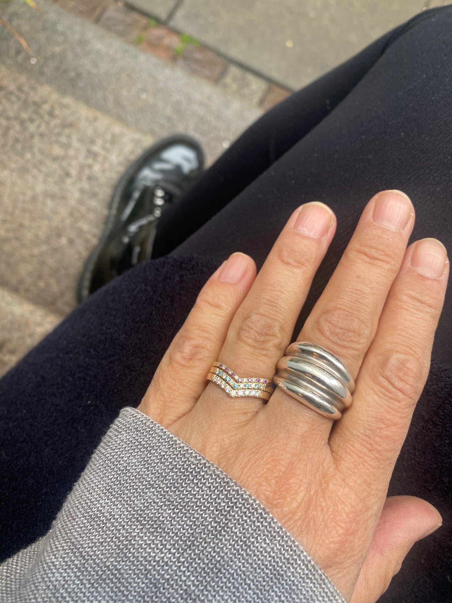 V Ring with Blue & White Diamonds - 14 Karat Gold