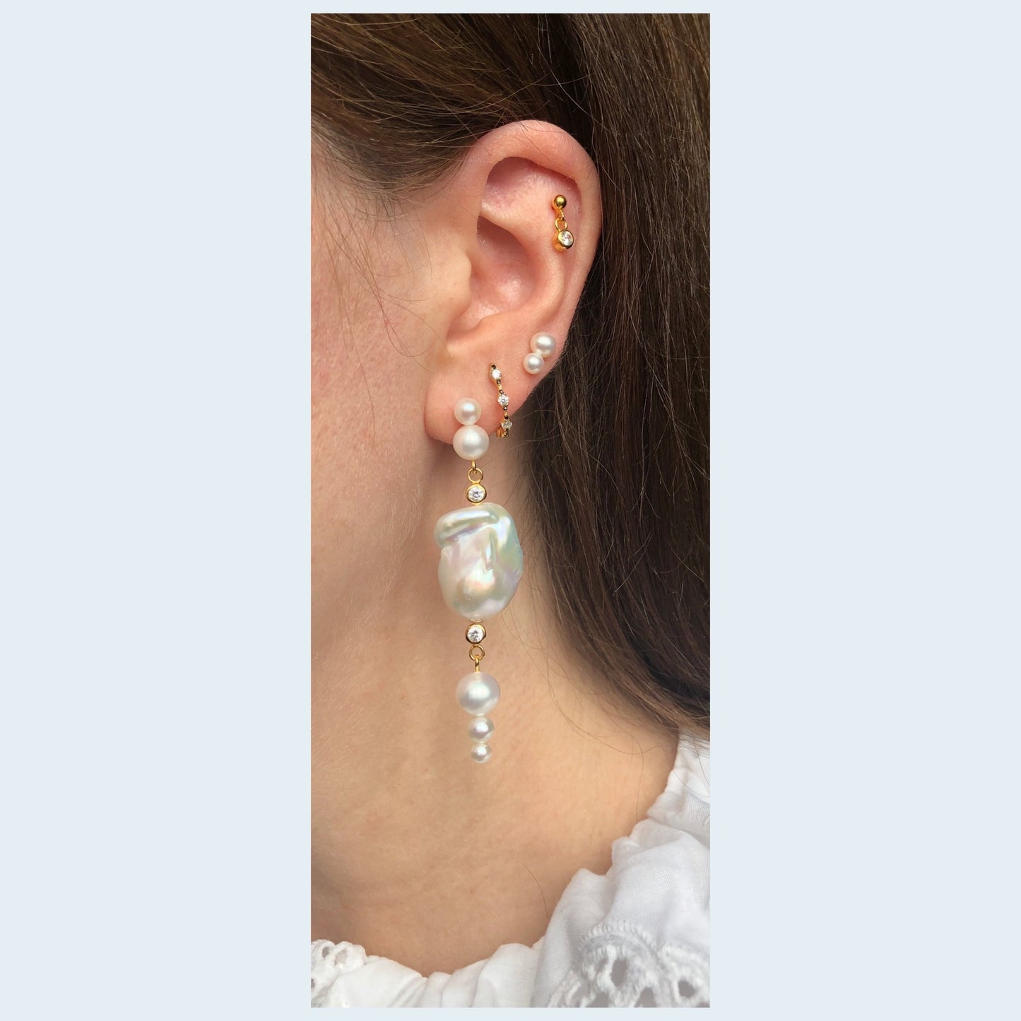 Amour Stud Ørering - Forgyldt Sølv Ferskvandsperler, Cubic zirconias