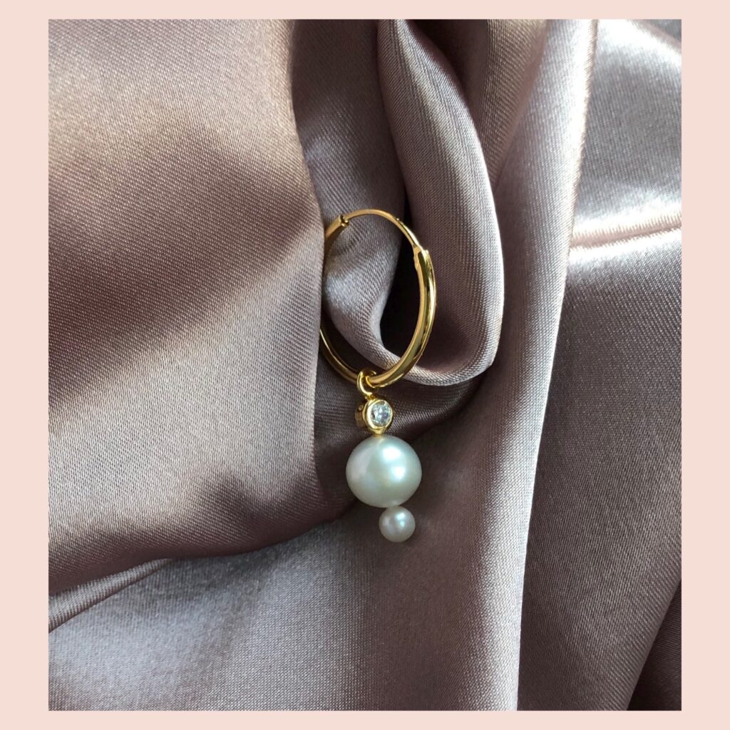Horizon Hoops Earring - Gold Plated Silver Freshwater Pearls, Cubic zirconia