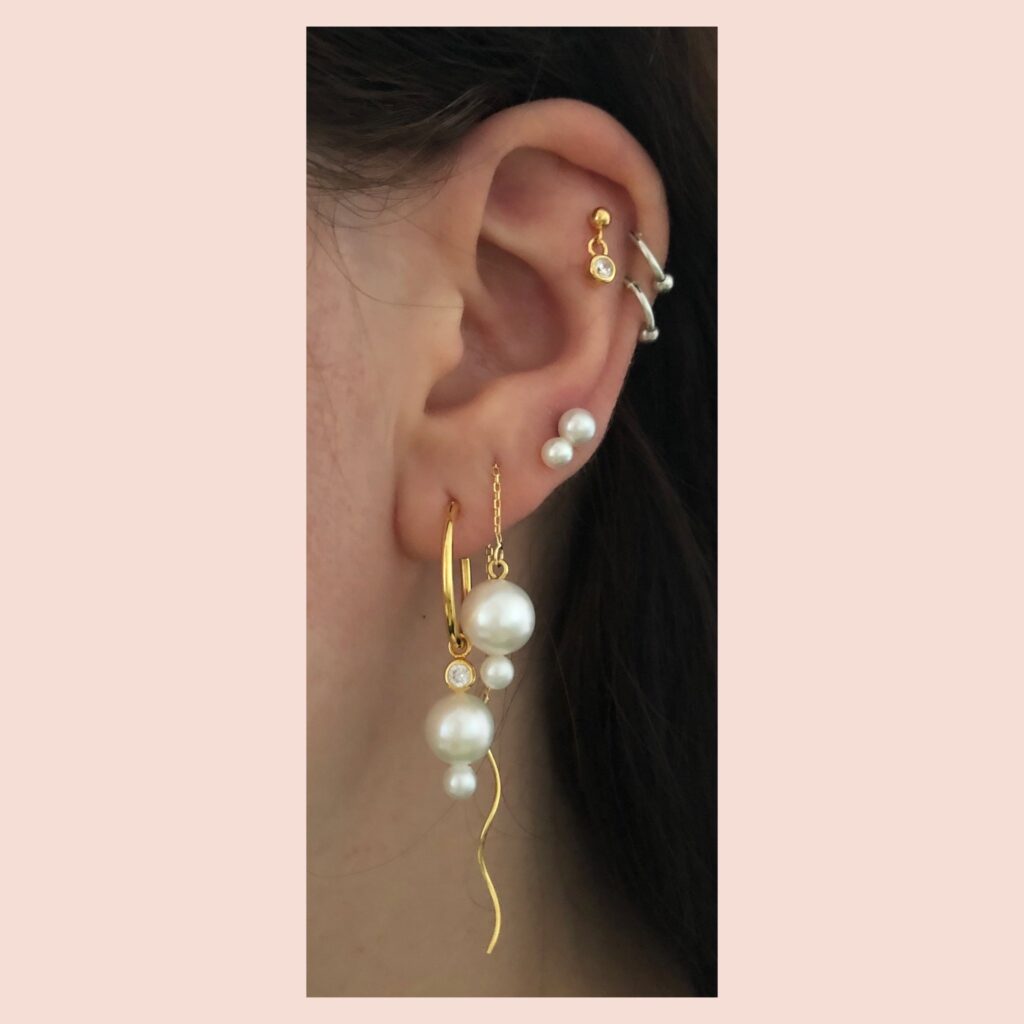 Horizon Hoops Earring - Gold Plated Silver Freshwater Pearls, Cubic zirconia