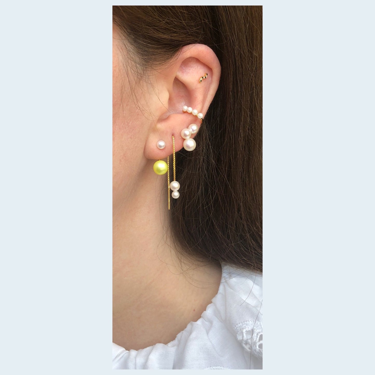 Deux Threader Earring - Gold Plated Silver White Freshwater Pearls