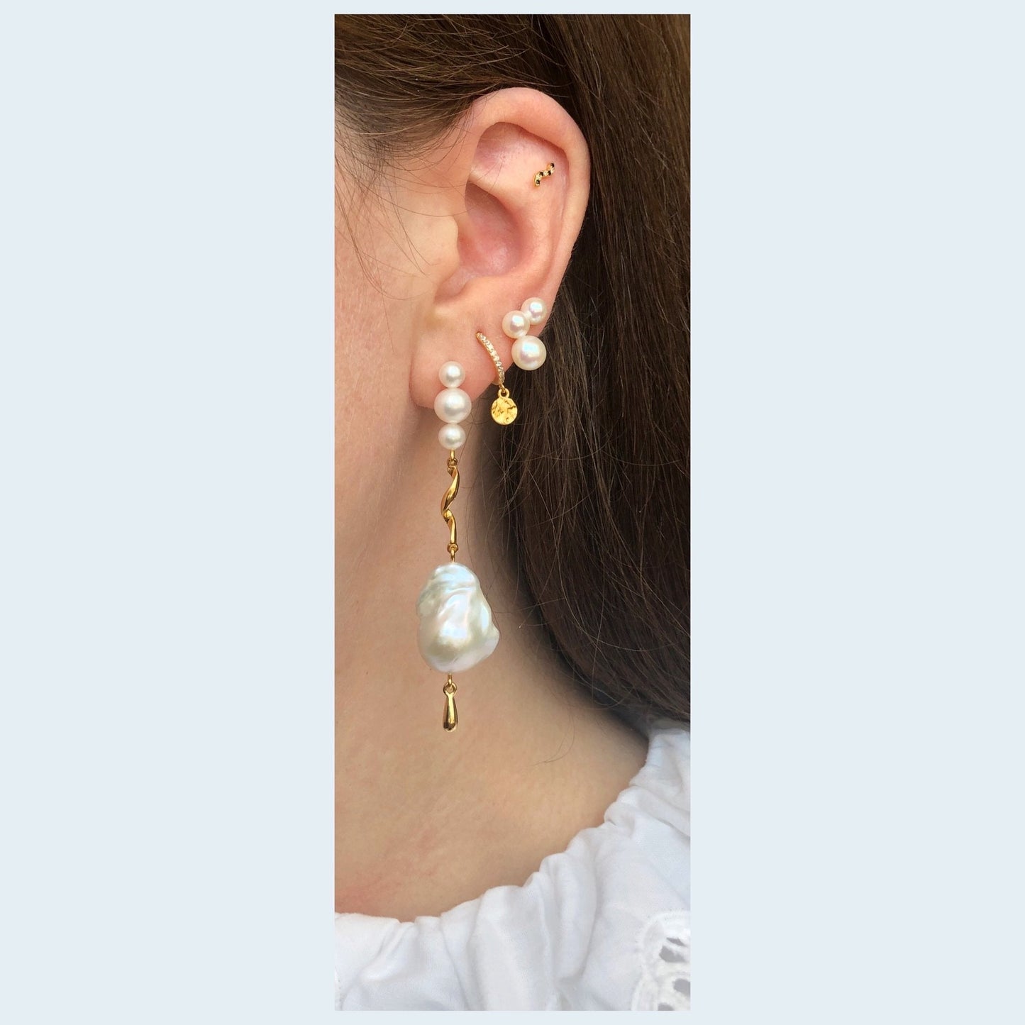 Pirouette Stud Large Earring - Gold Plated Silver White Baroque Pearls, Cubic zirconias