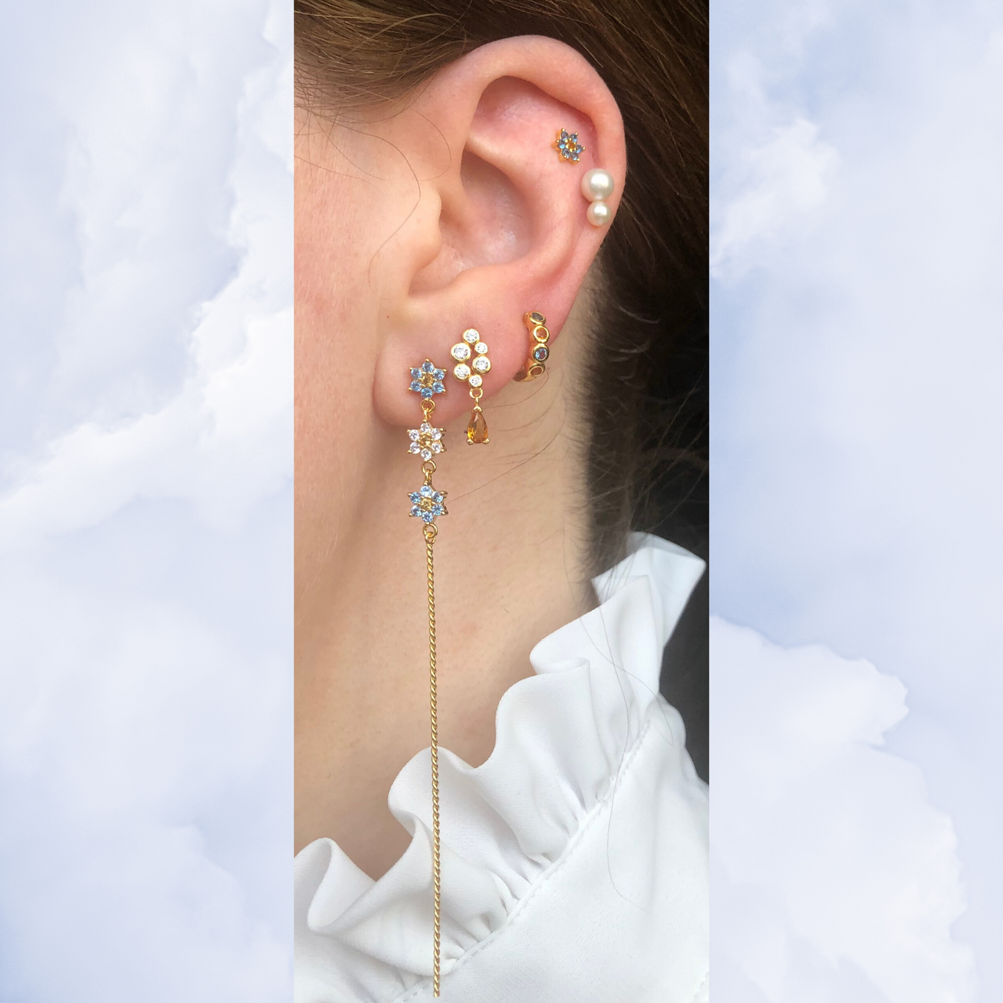 Flower Wand Stud Ørering - Forgyldt Sølv Blå, Orange, Klar Cubic Zirconians