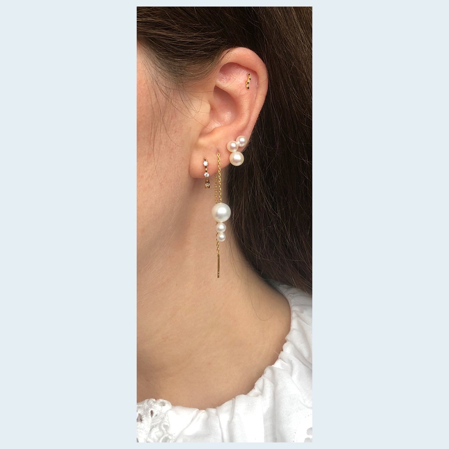 Sunny Threader Earring - Gold Plated Silver White Freshwater Pearls, Cubic zirconias