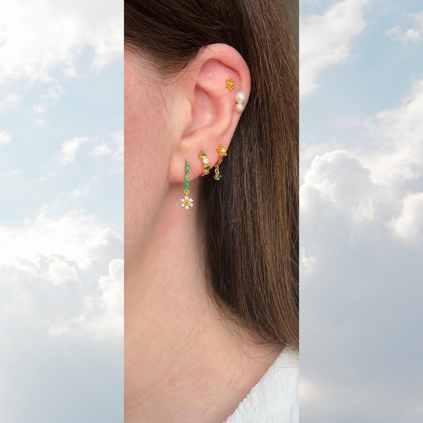 Flora Huggie ørering - forgyldt sølvgrøn, appelsiner, klare cubic zirconians