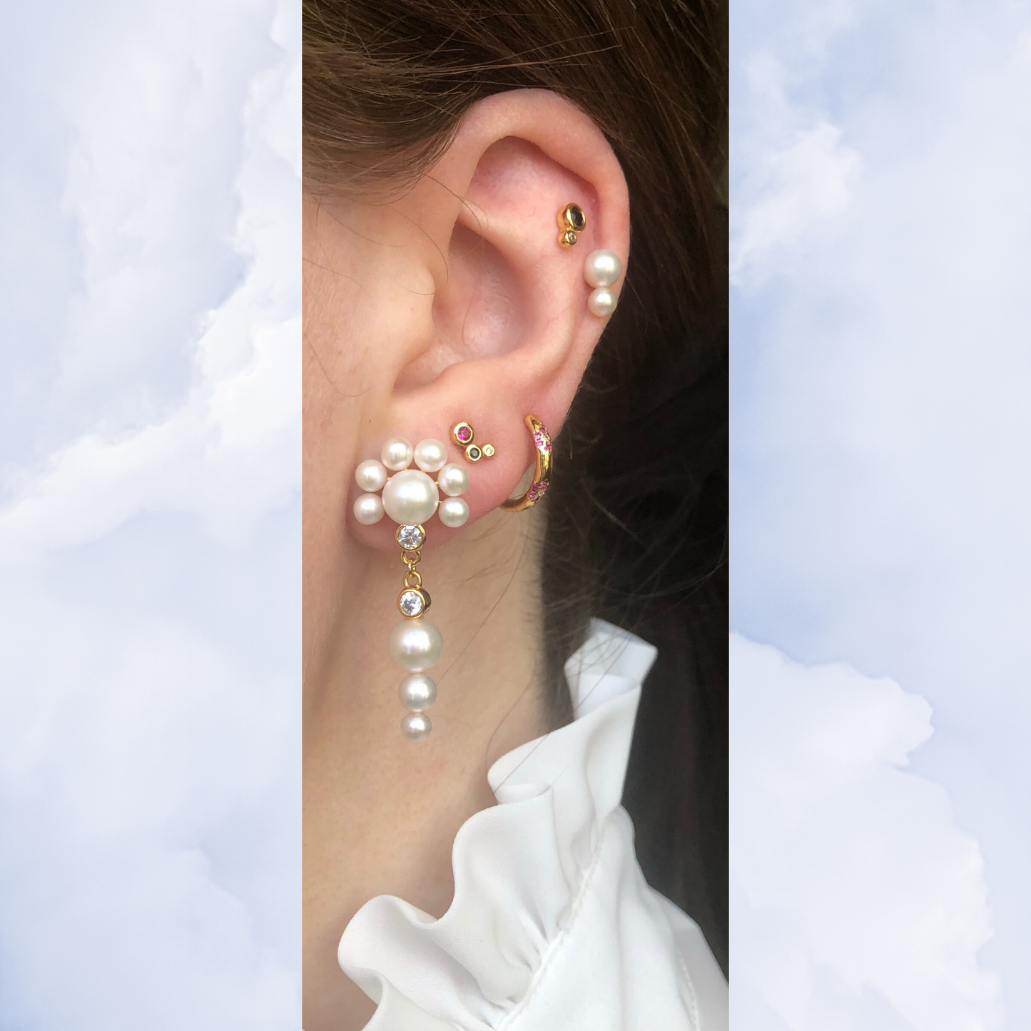 Sunrise Stud Earring - Gold Plated Silver Clear, White Freshwater Pearls, Cubic zirconians