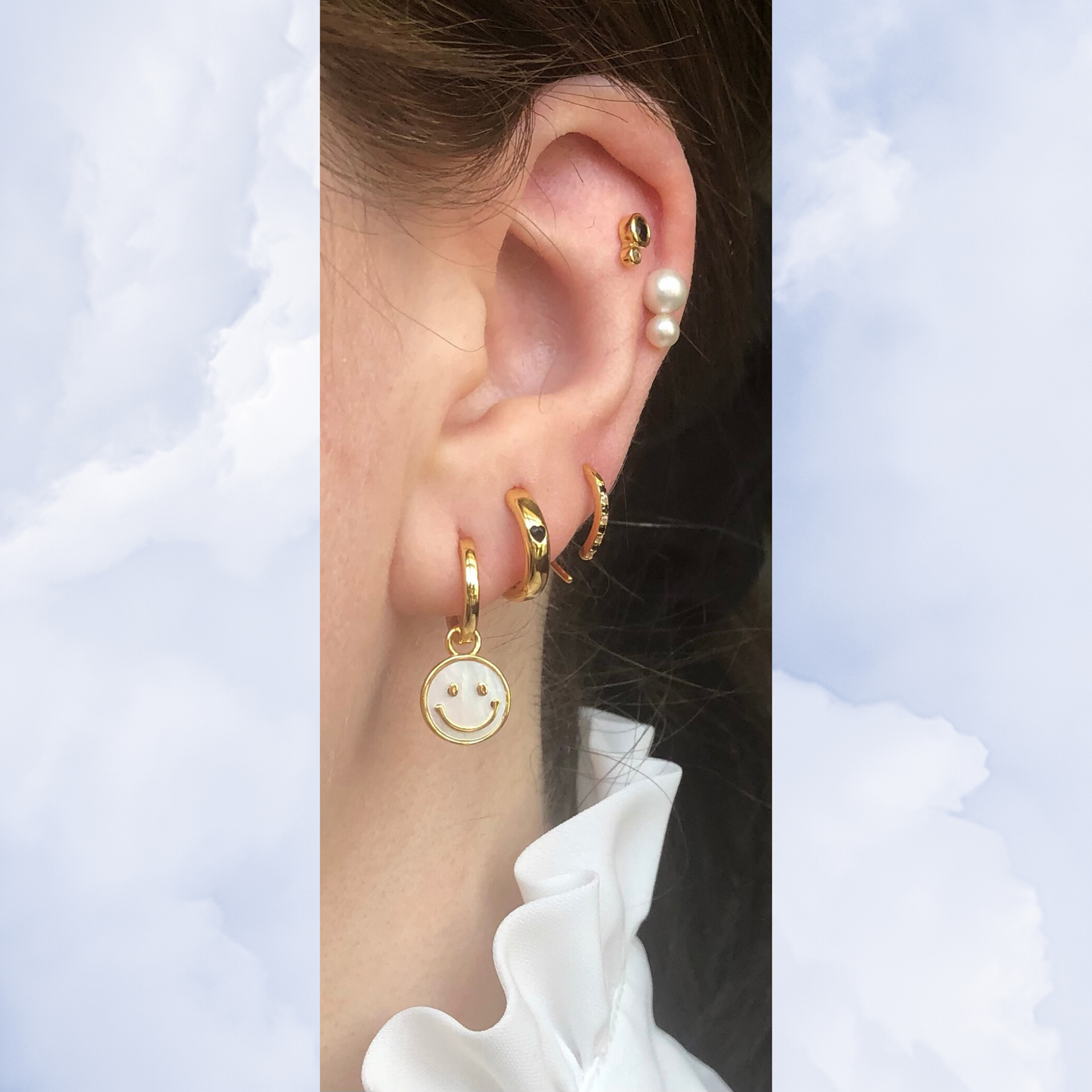 Tiny Hook Earring - Gold Plated Silver Black, Clear Cubic zirconians