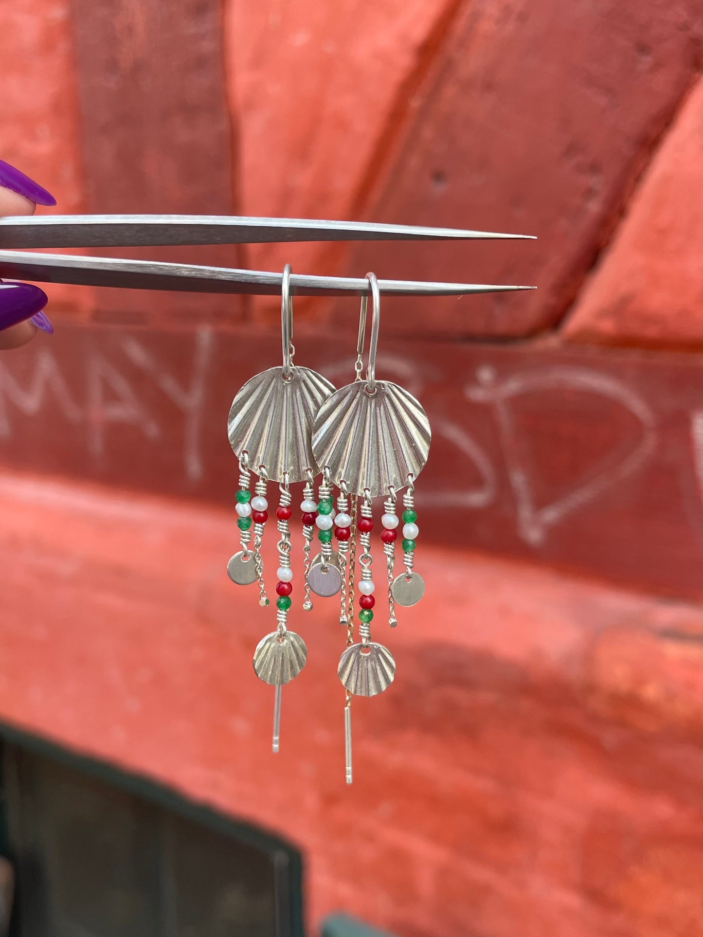 Art Deco Earrings  - W. green, red & white Pearls -Silver