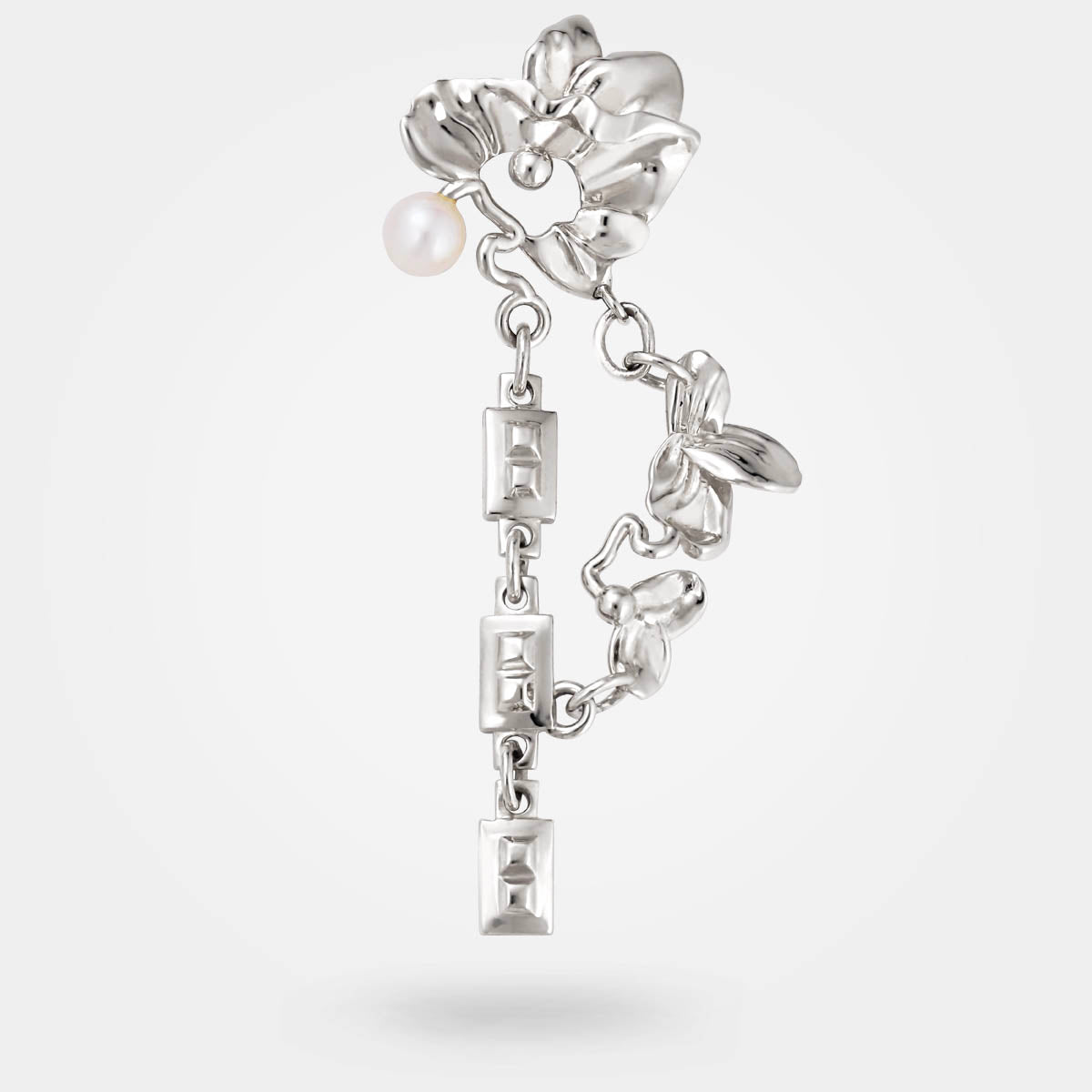 CHAIN EARRING SILVER - ORGANIC LEAVES & PEARL