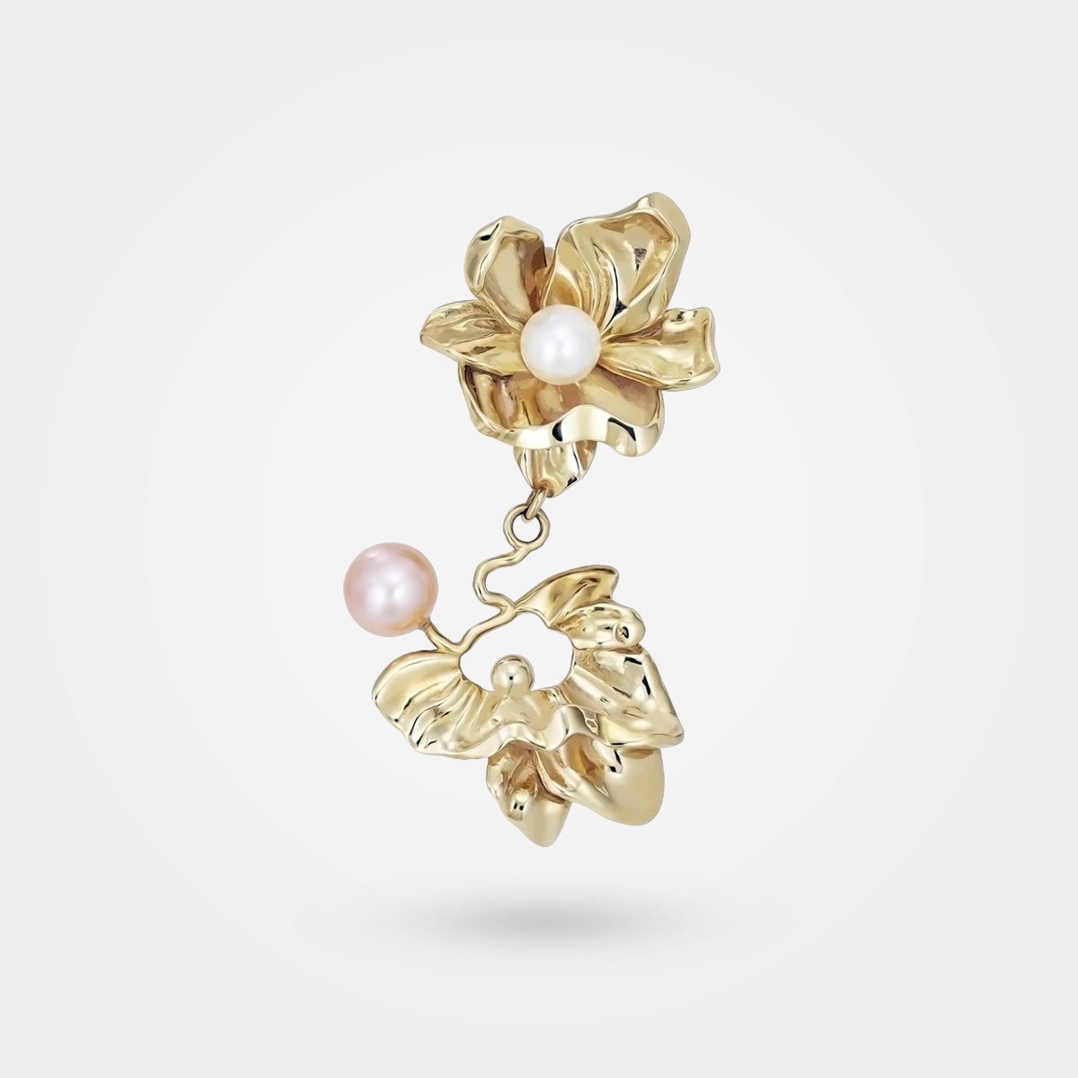 FLOWER DROP EARRINGS GOLD - ORGANIC LEAVES & PEARLS