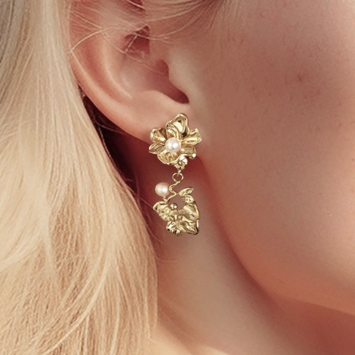 FLOWER DROP EARRINGS GOLD - ORGANIC LEAVES & PEARLS