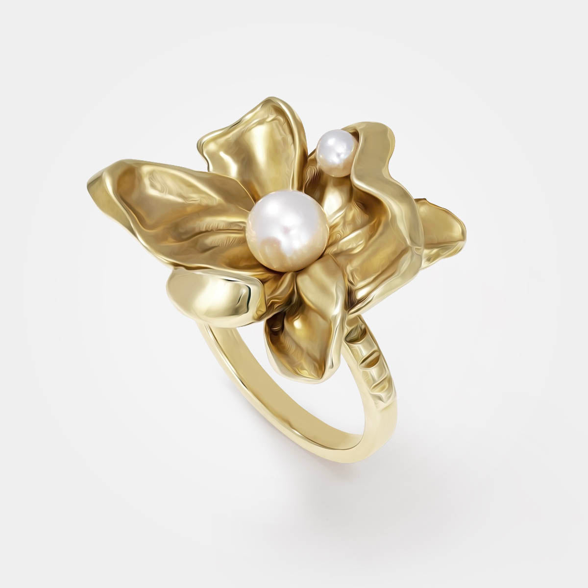 FLOWER GOLD RING - ORGANIC LEAVES & PEARLS