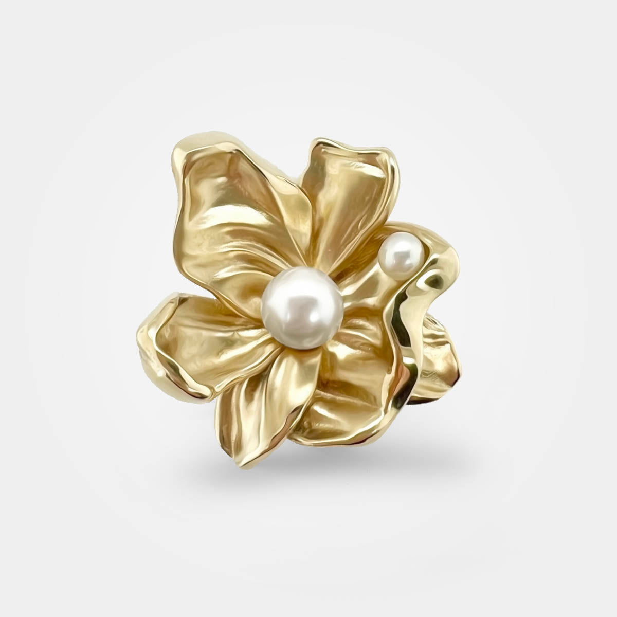 FLOWER GOLD RING - ORGANIC LEAVES & PEARLS