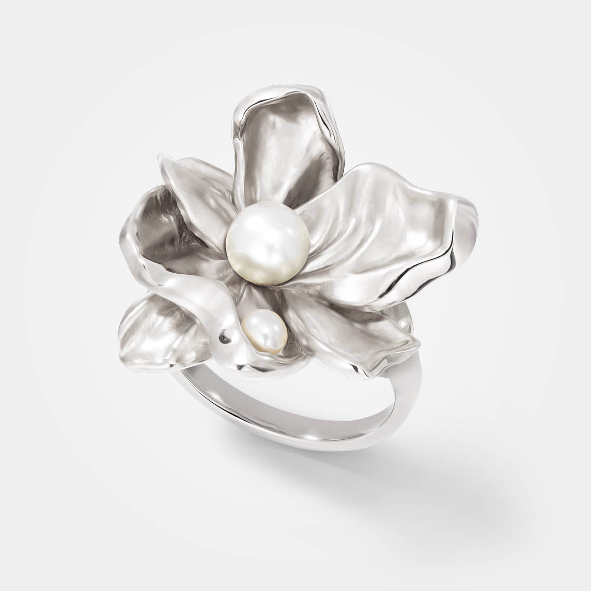 FLOWER RING – STERLING SILVER - ORGANIC LEAVES & PEARLS