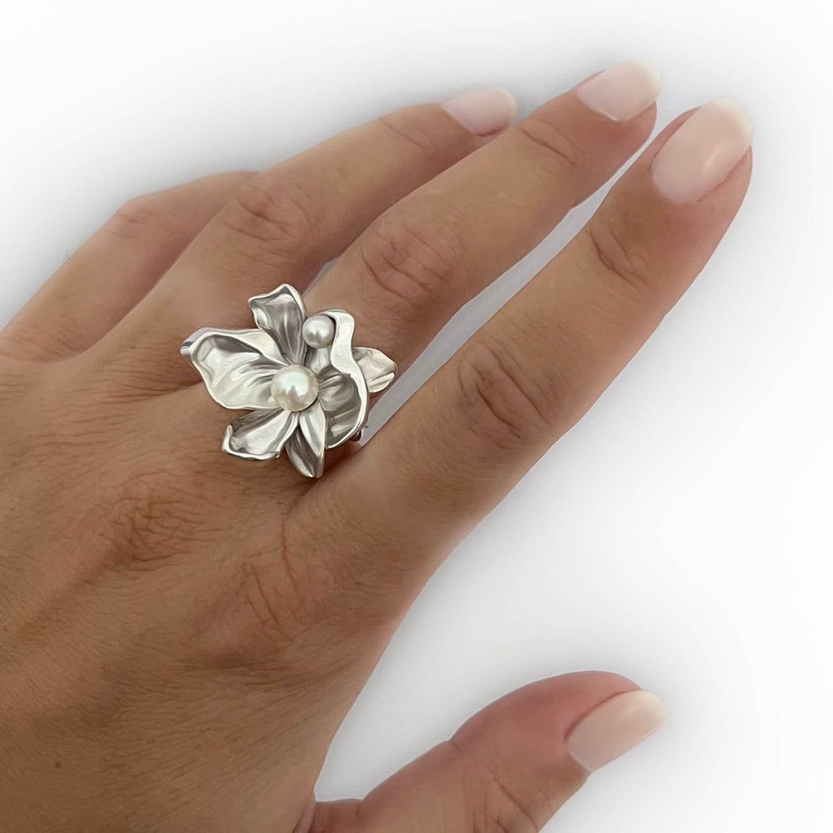 FLOWER RING – STERLING SILVER - ORGANIC LEAVES & PEARLS