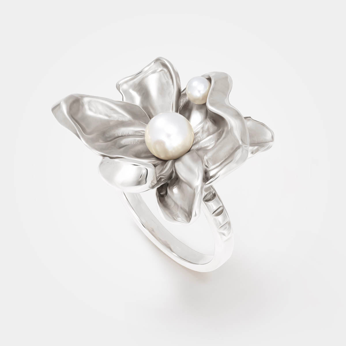 FLOWER RING – STERLING SILVER - ORGANIC LEAVES & PEARLS