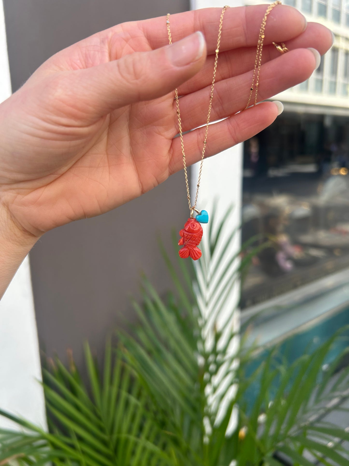 Red Coral Fish Pendant & 14k gold