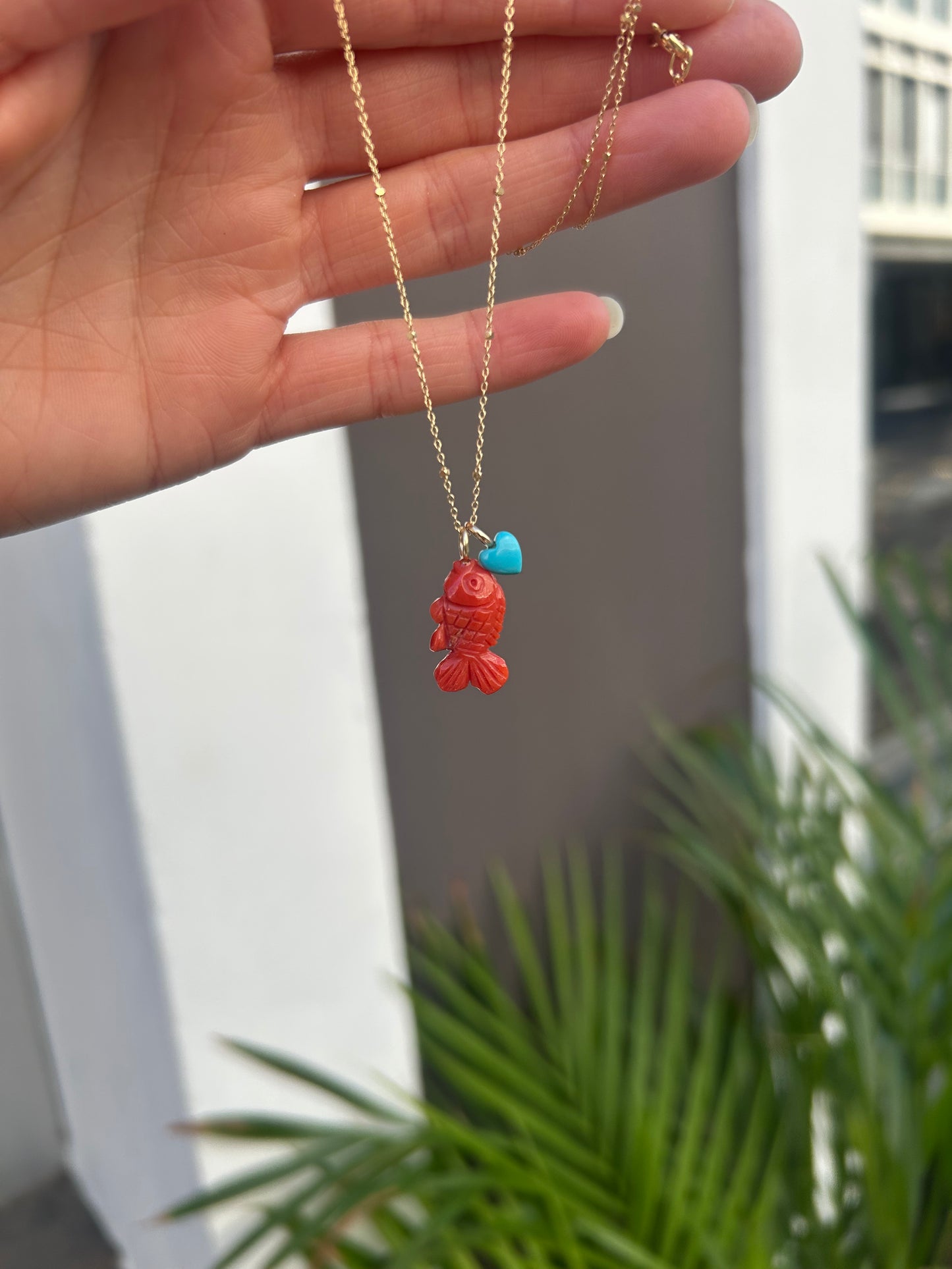 Red Coral Fish Pendant & 14k gold