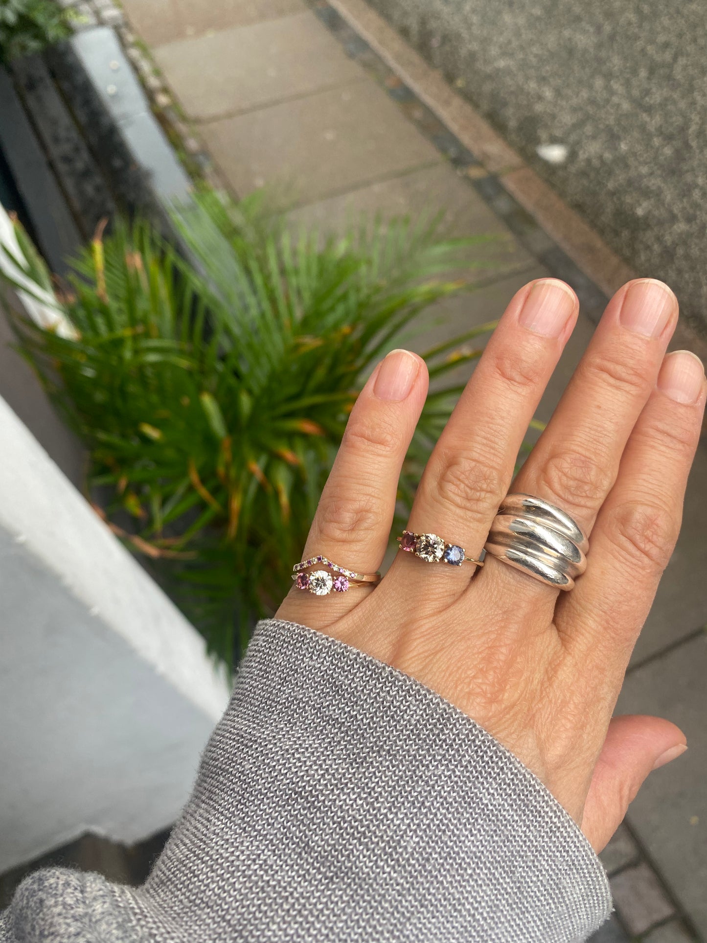 Three-Stone White Diamond & Pink Garnet Ring - 14 Karat Gold