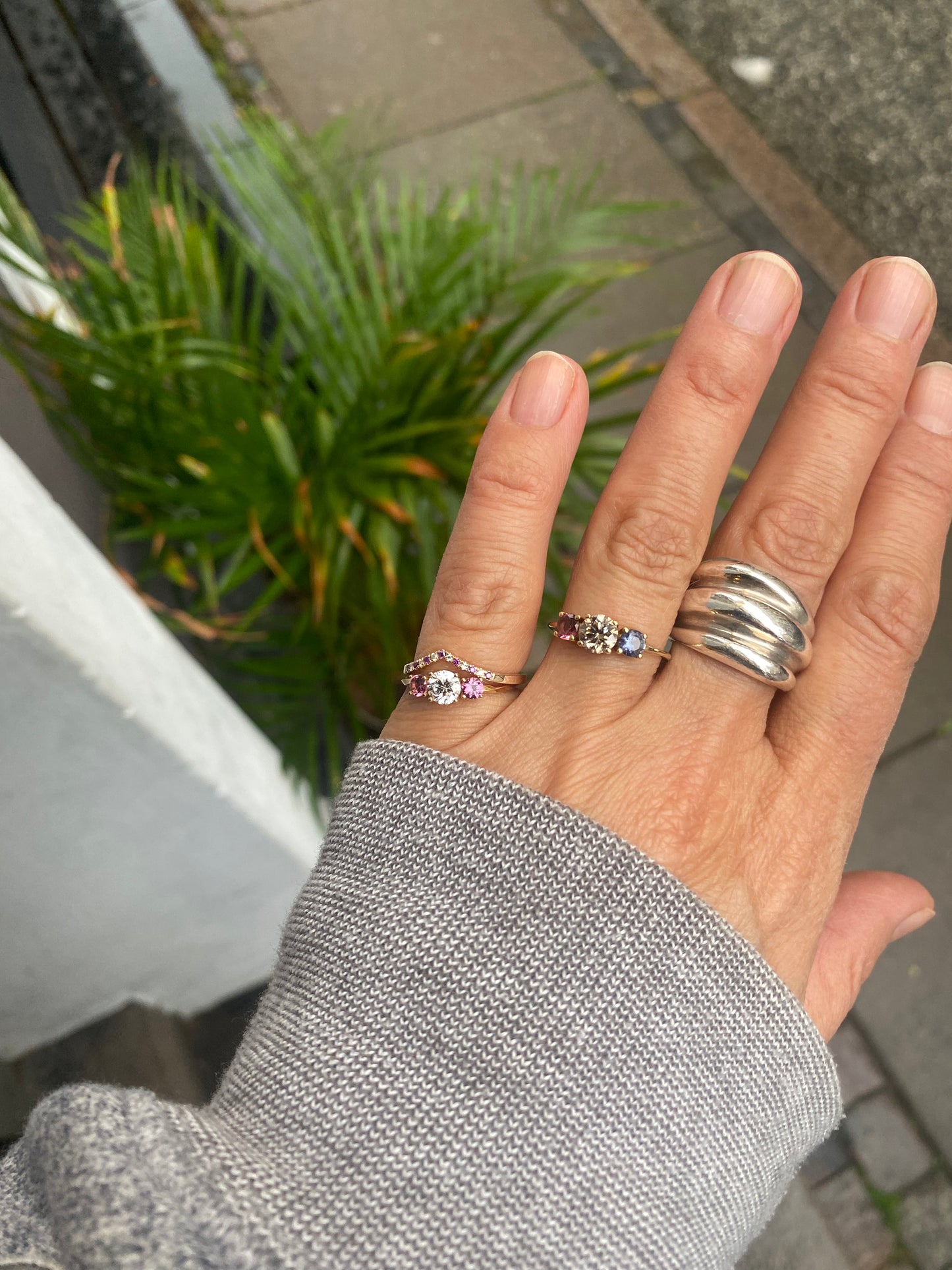 V Ring with White & Purple Diamonds - 14 Karat Gold