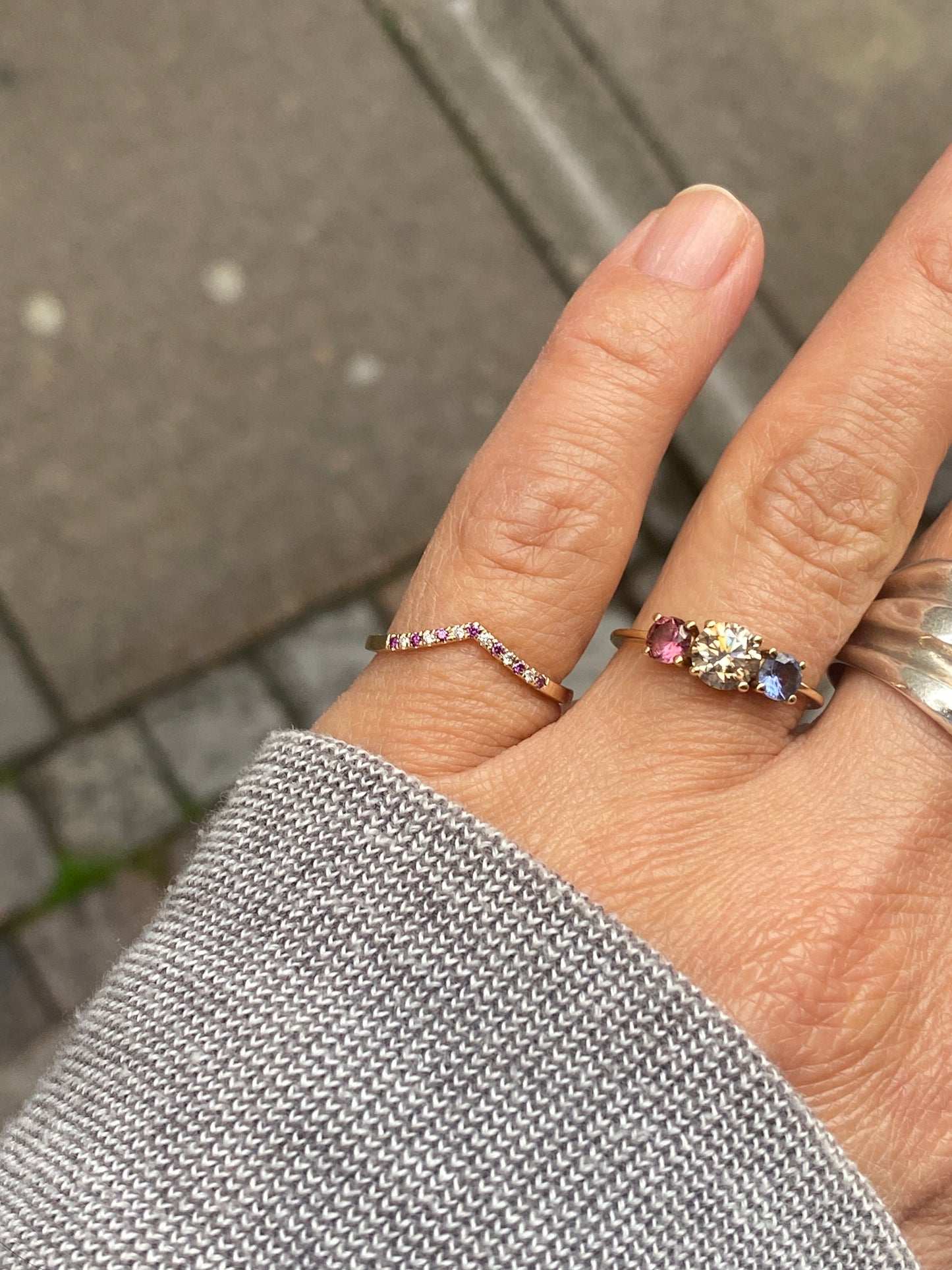 V Ring with White & Purple Diamonds - 14 Karat Gold