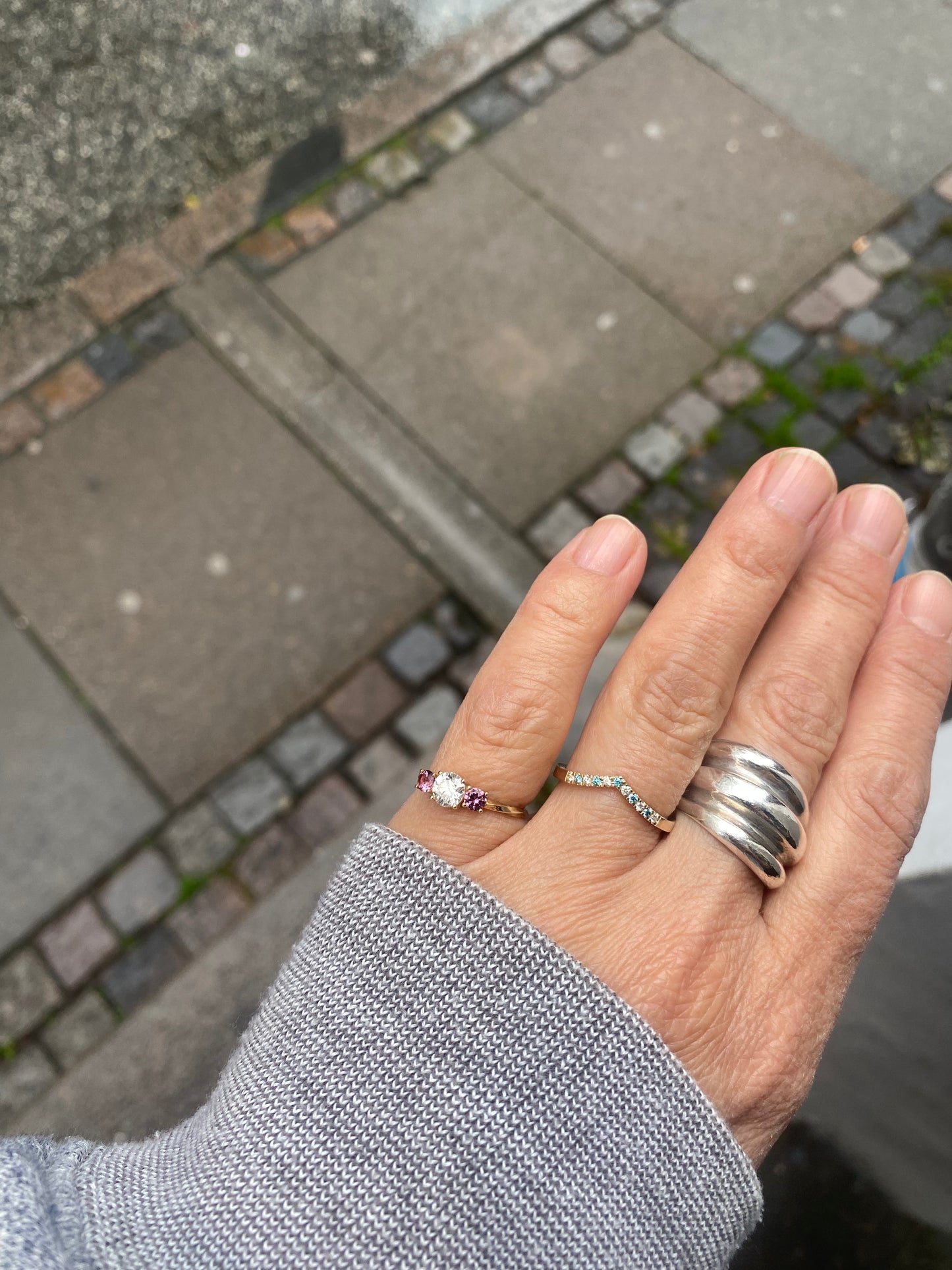 Three-Stone White Diamond & Pink Garnet Ring - 14 Karat Gold