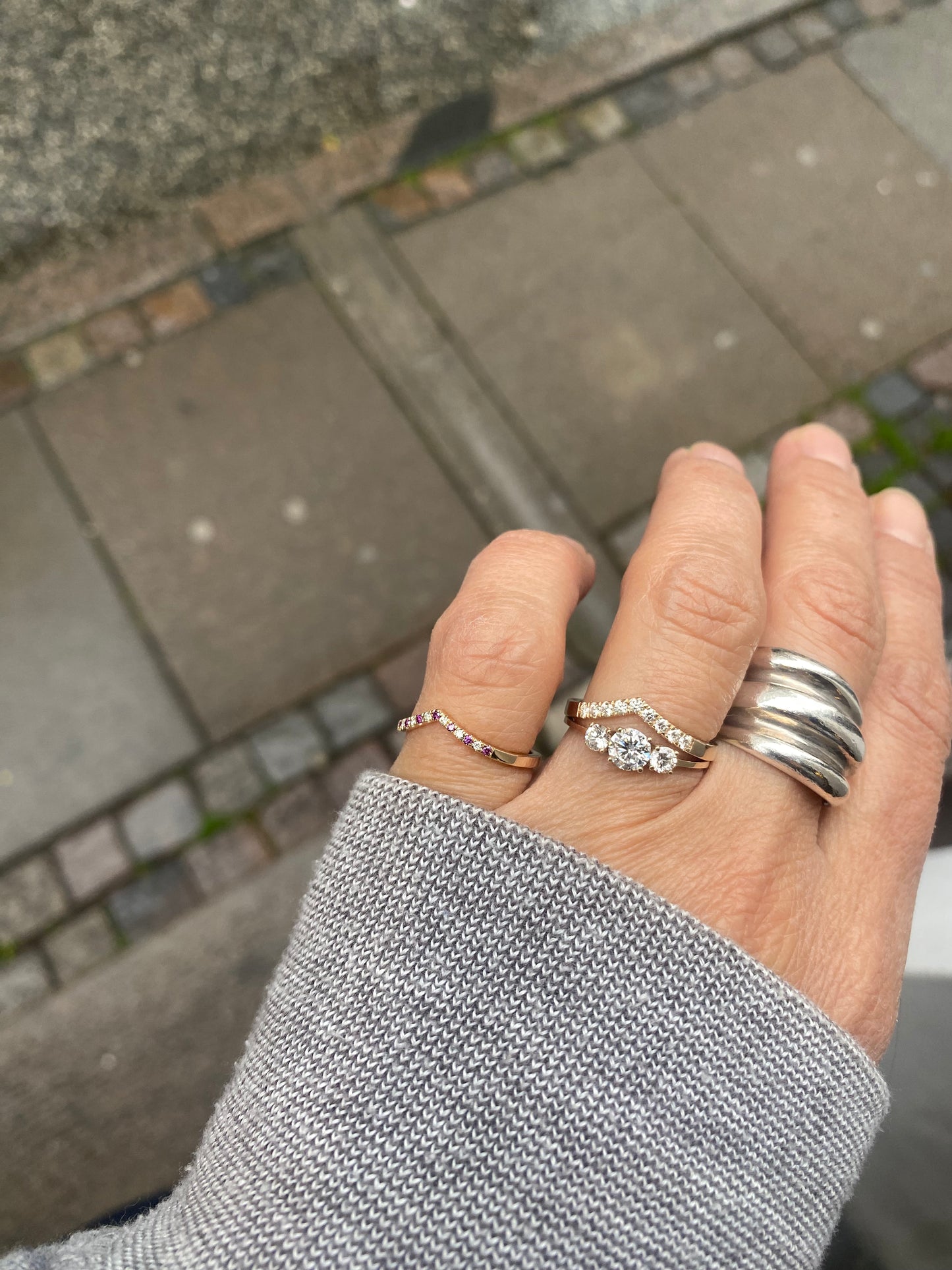 V Ring with White Diamonds - 14 Karat Gold