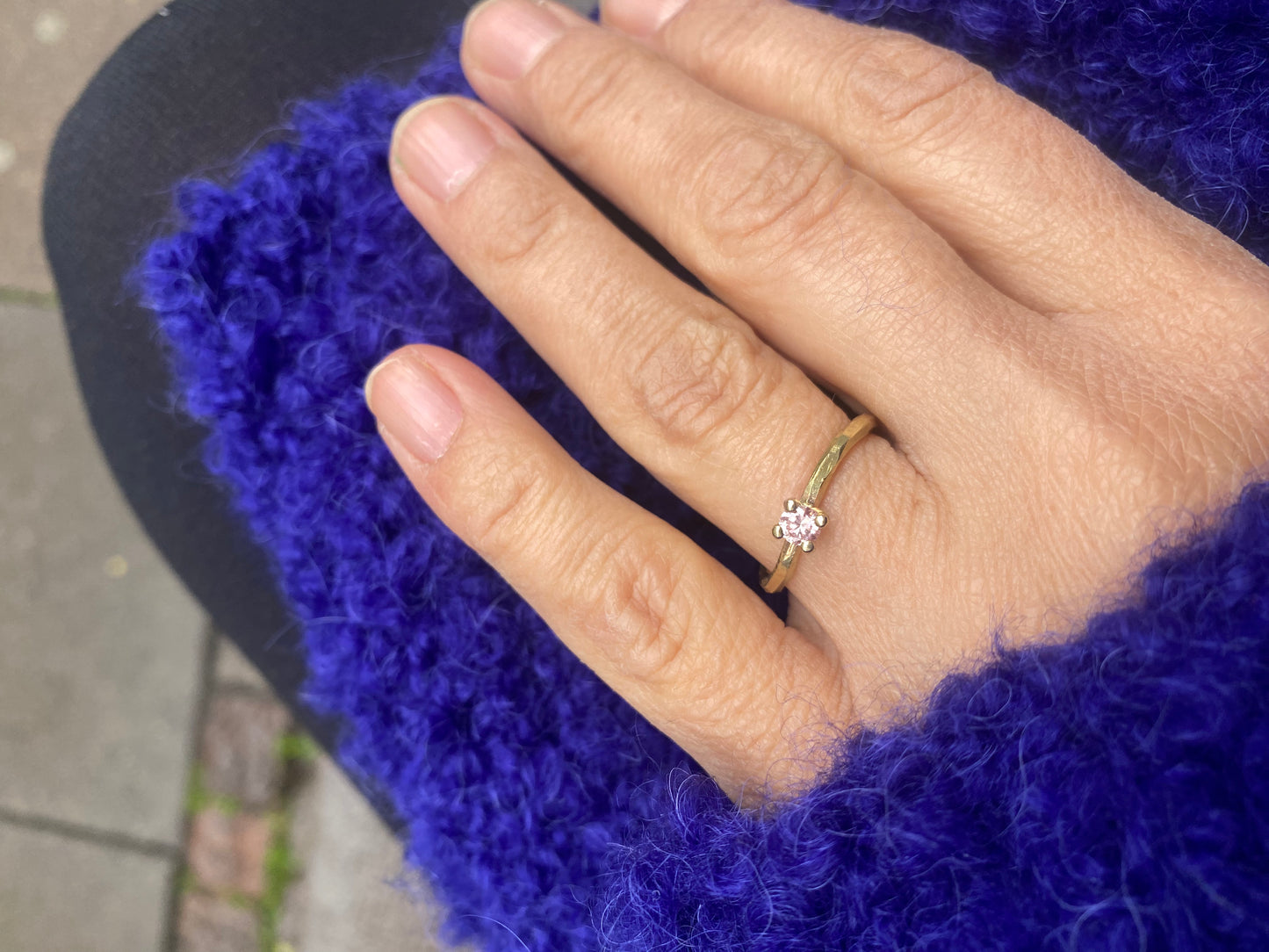 Solitaire Ring with Pink Lab Grown Diamond & Organic Finish - 14 Karat Gold