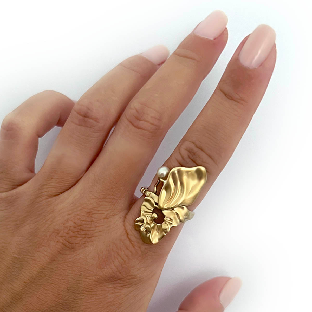 ORGANIC GOLD RING - LEAVES & PEARL