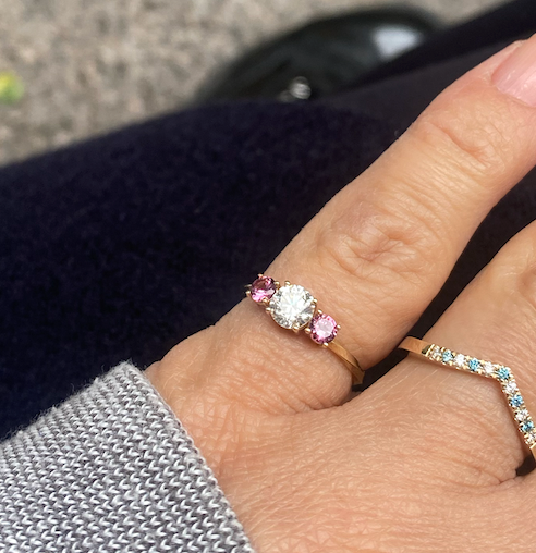 Three-Stone White Diamond & Pink Garnet Ring - 14 Karat Gold