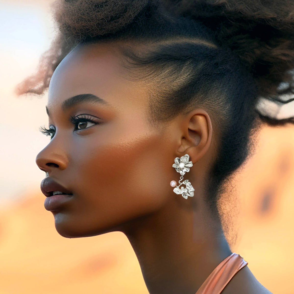 STATEMENT FLOWER EARRINGS – STERLING SILVER - LEAVES & PEARLS