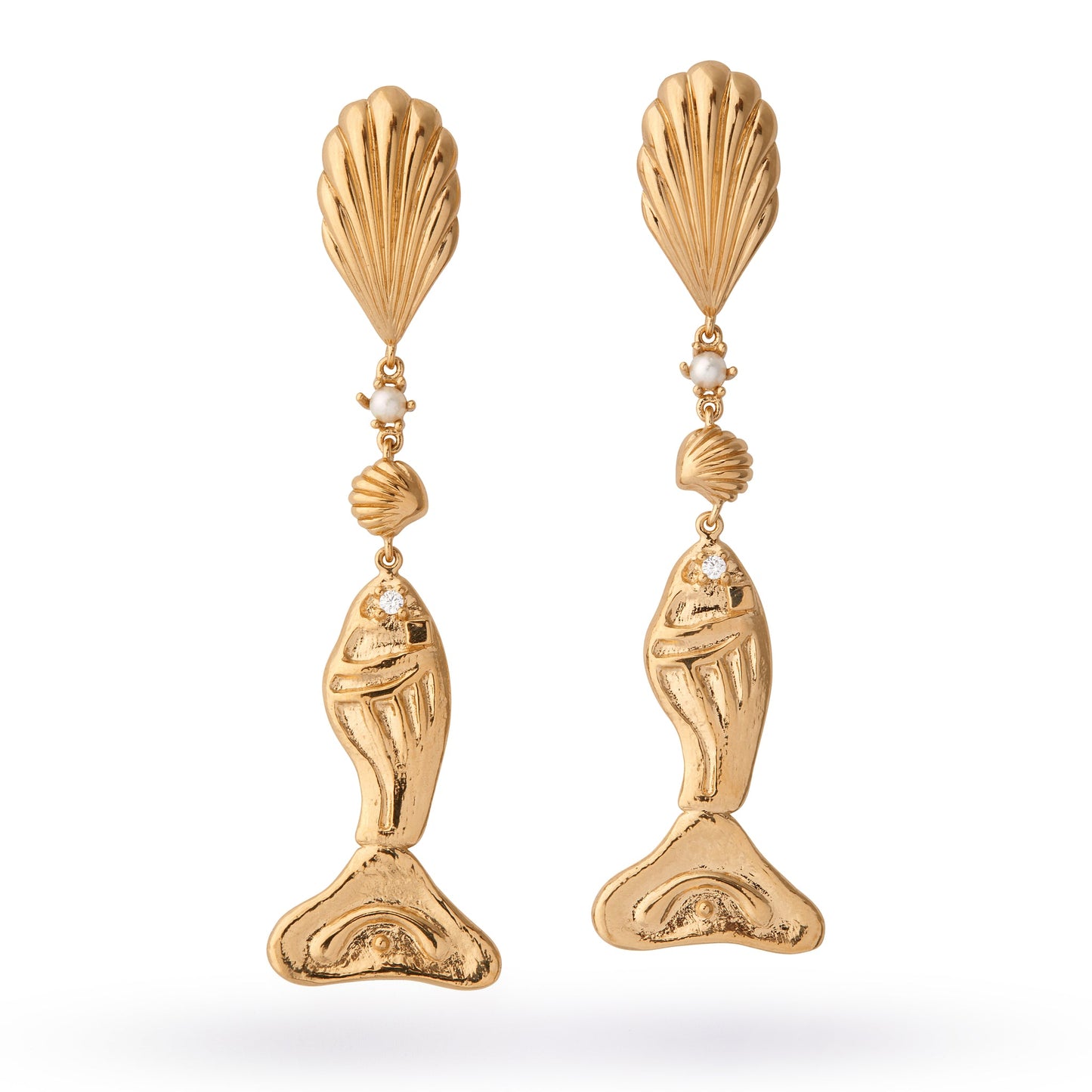 Ocean Artdeco Earrings- Gold Plated Silver- With Crystal and Pearls