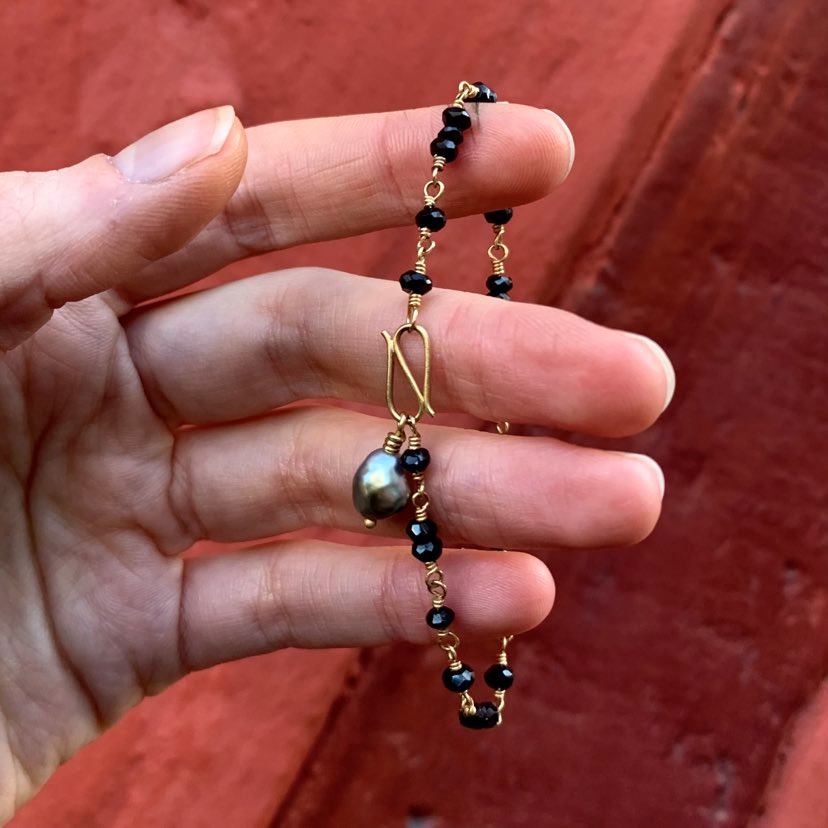 Black Spinel & Keshi Bracelet  - 18 Karat Gold Black Freshwater Pearls, Spinel