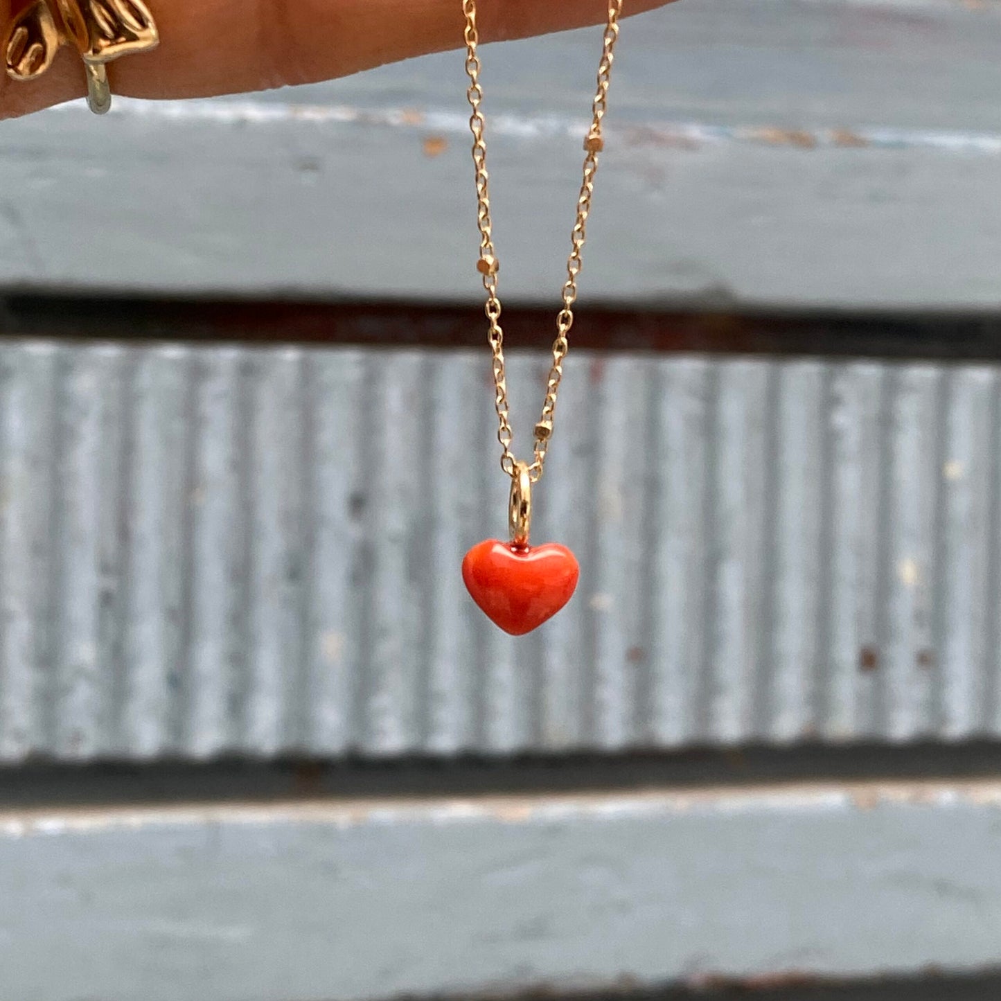 Coral Heart Pendant Necklace -Gold   14 Karat