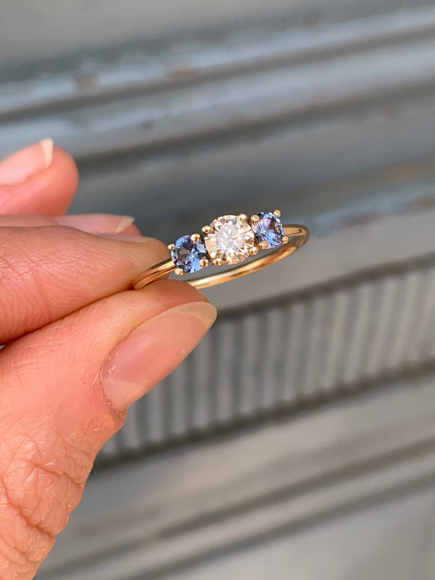 Miss Sara Champagne Diamond & Blue Sapphires Ring - 14 Karat Gold