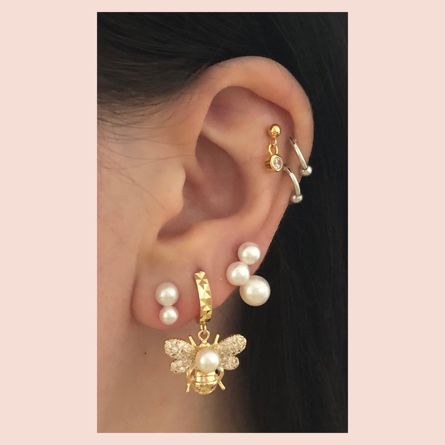 Trois Stud Earring -  Gold Plated Silver  Freshwater Pearls