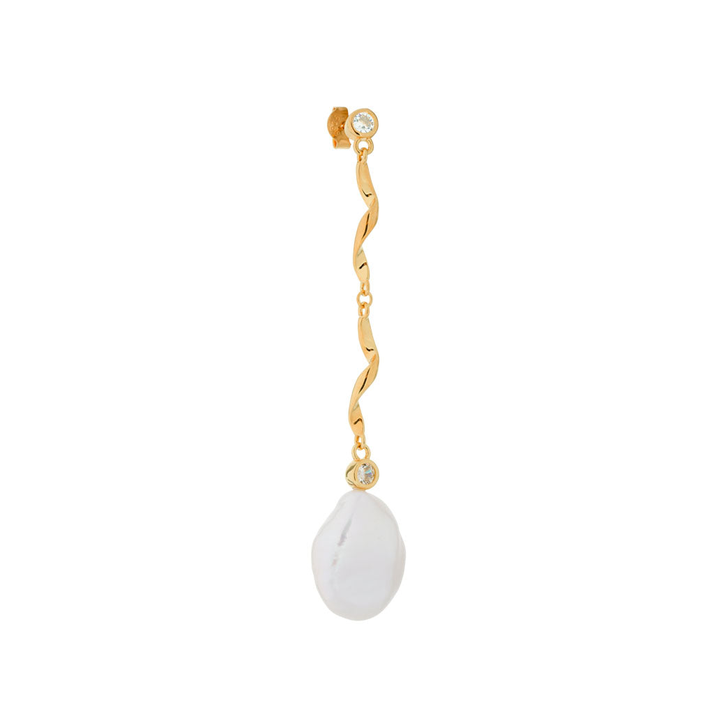 Rayon Stud Earring -  Gold Plated Silver White, Clear Freshwater Pearls, Cubic zirconians