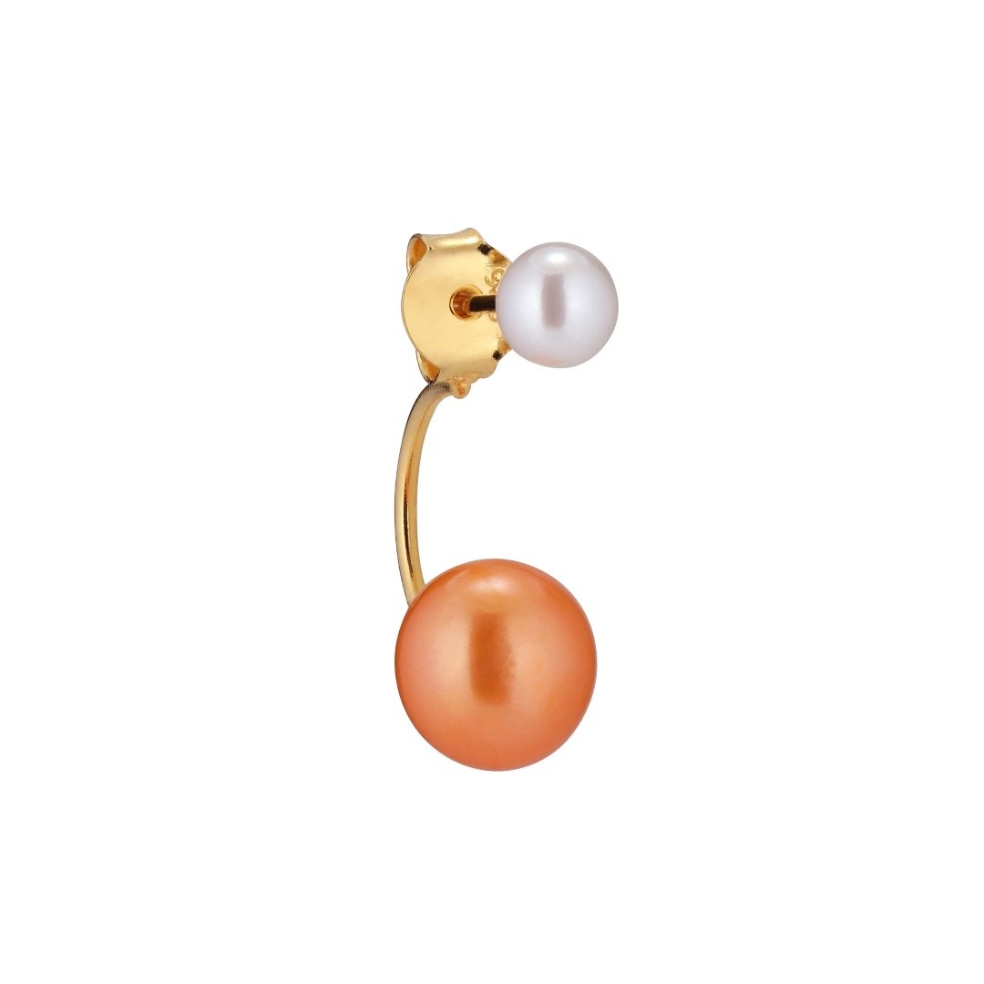 Treasure Stud Orange Earring -  Gold Plated Silver White, Orange Freshwater Pearls