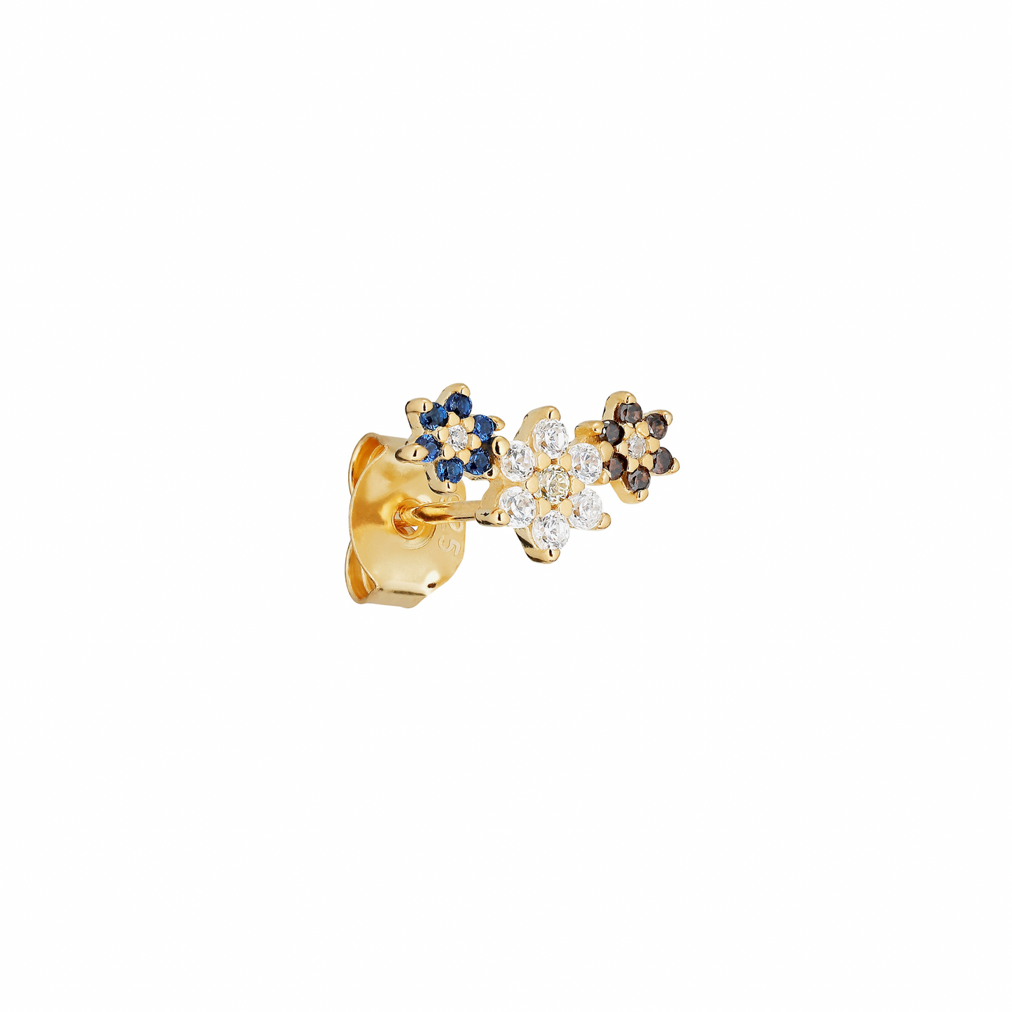 Trois Fleurs Stud Earring -  Gold Plated Silver Sapphires, rhodolite, lemon and clear Cubic zirconians