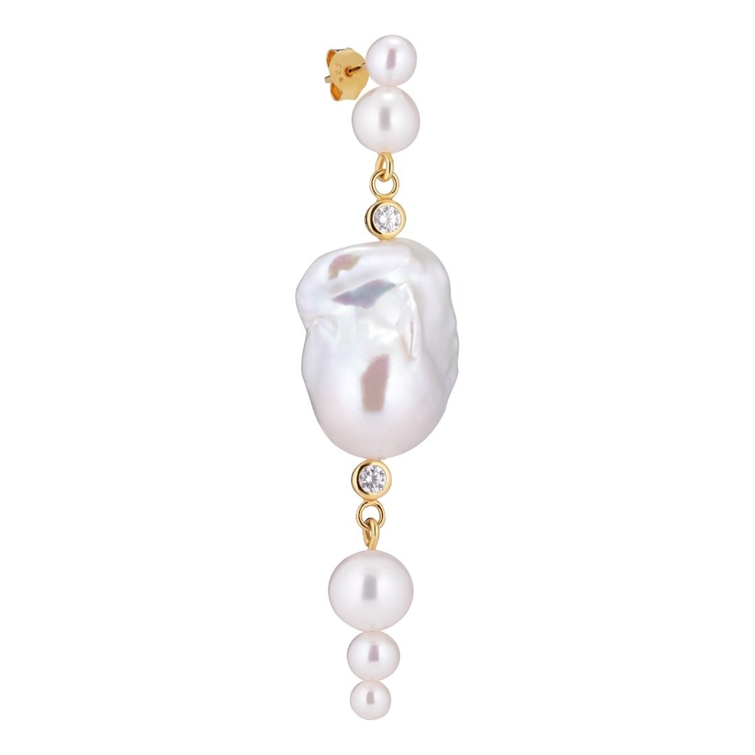 Amour Stud Earring -  Gold Plated Silver  Freshwater Pearls, Cubic zirconias