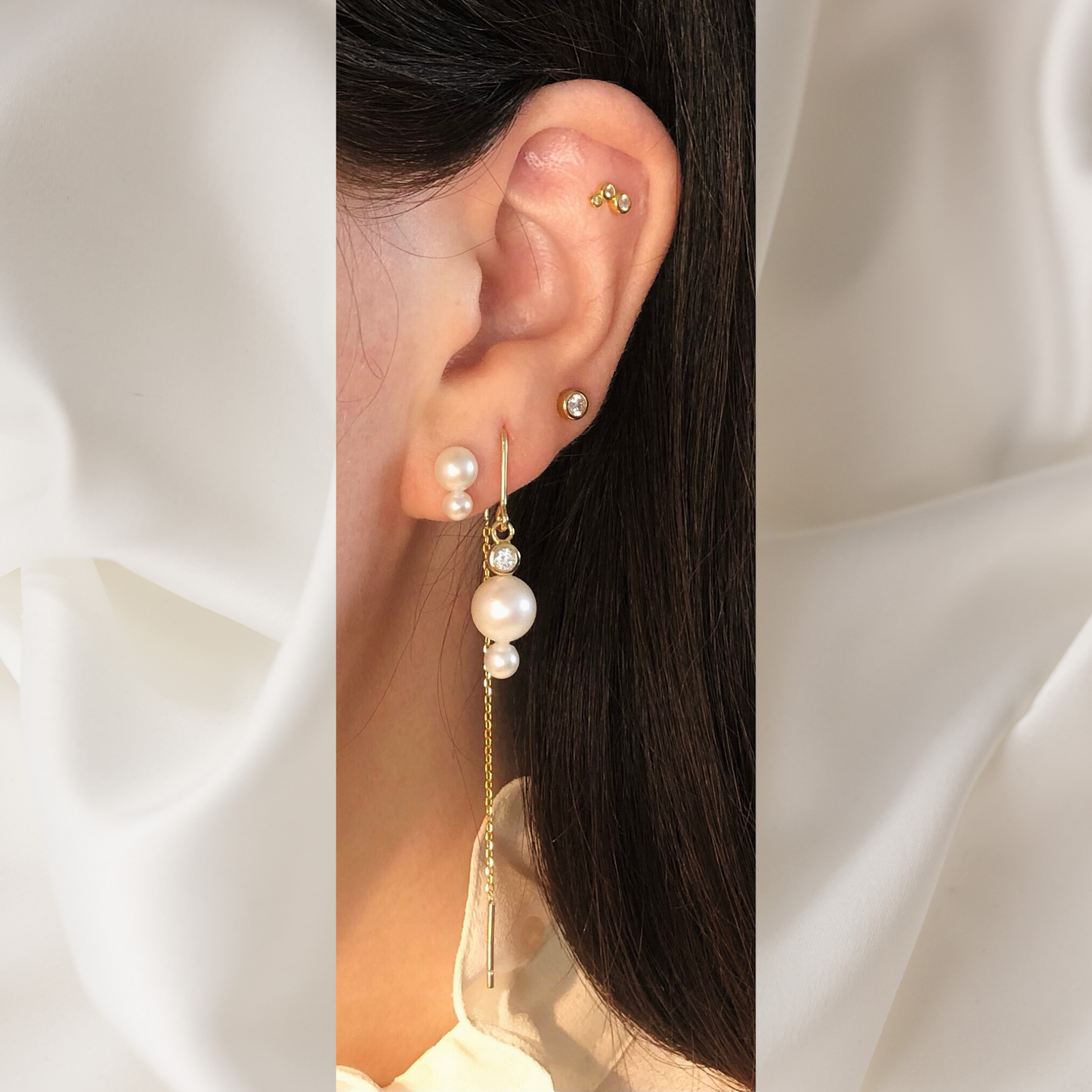 Horizon Hook Threader Earring -  Gold Plated Silver White, Clear Freshwater Pearls, Cubic zirconias