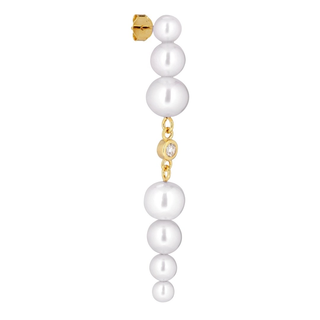 Gemela Stud Earring -  Gold Plated Silver White, Clear Freshwater Pearls, Cubic zirconians