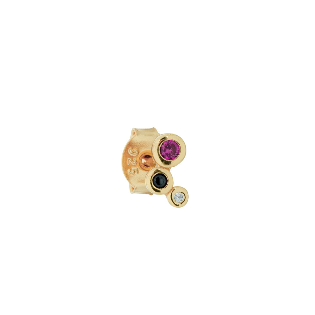 Trinity Stud Black/Ruby/White Earring -  Gold Plated Silver BLack, Red, Clear Cubic zirconians