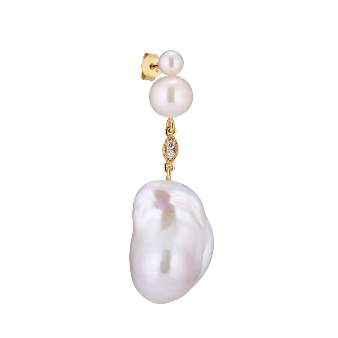 Chérie Stud Earring -  Gold Plated Silver Clear Baroque Pearls, Cubic zirconias