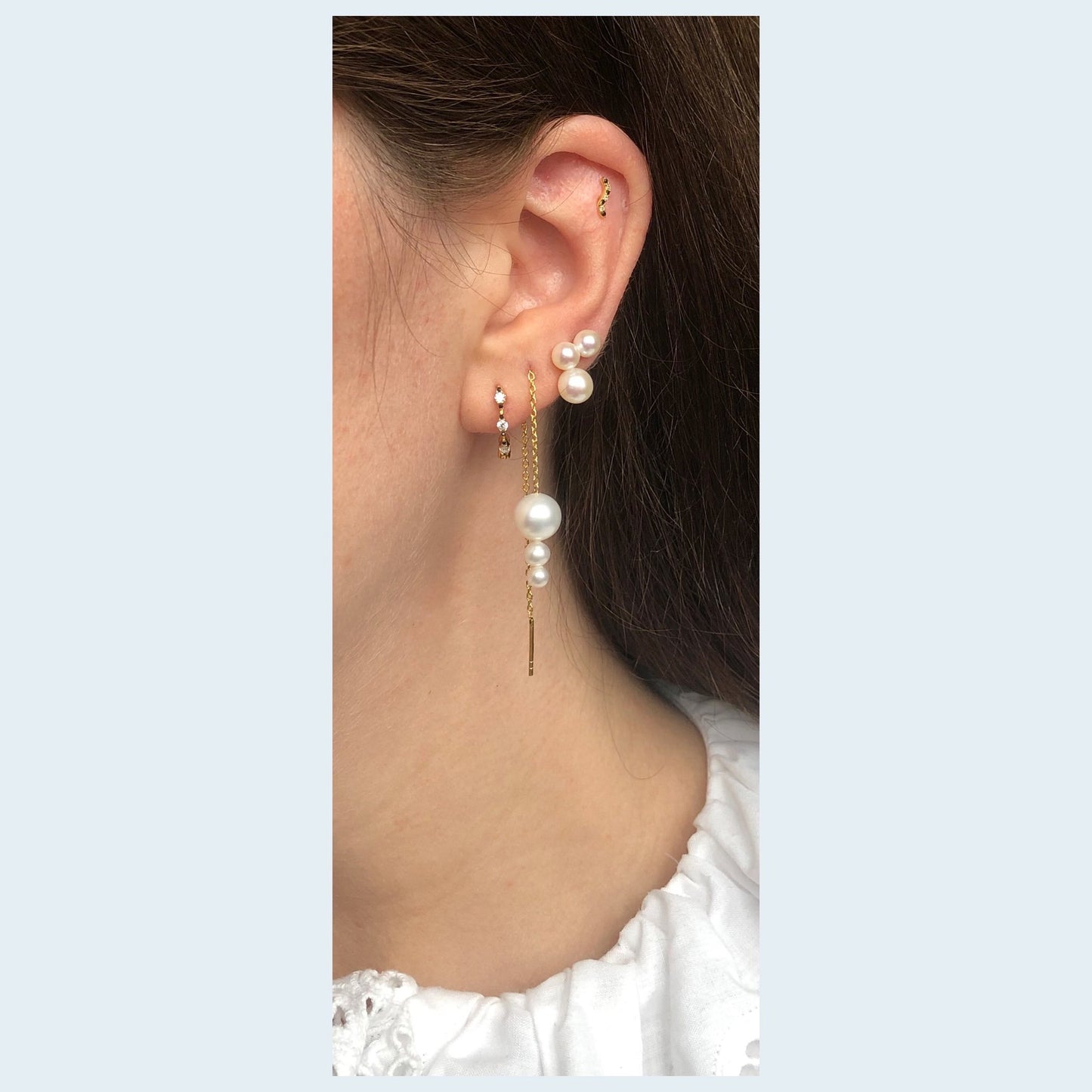 Sunny Threader Earring -  Gold Plated Silver White Freshwater Pearls, Cubic zirconias