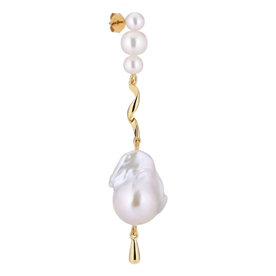 Pirouette Stud Large Earring -  Gold Plated Silver White Baroque Pearls, Cubic zirconias