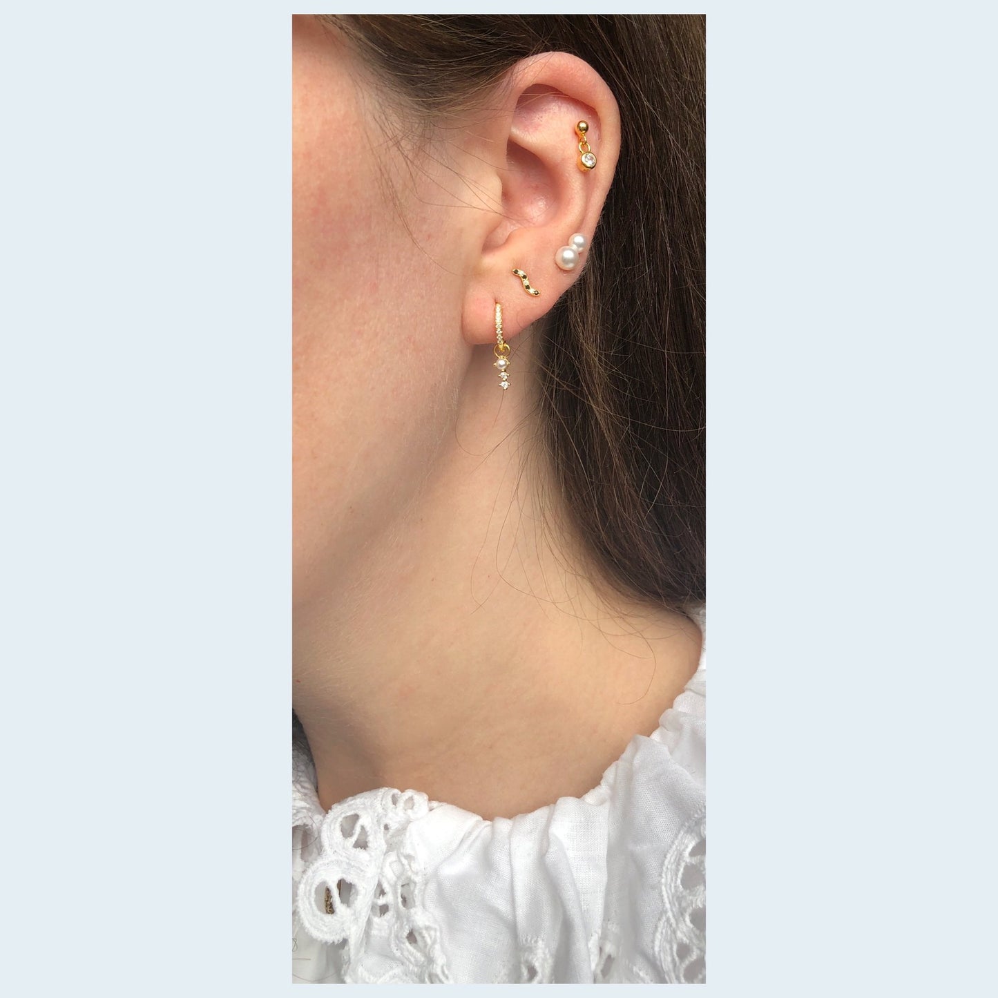 Wave Stud Earring -  Gold Plated Silver Ehite, Black Cubic zirconia